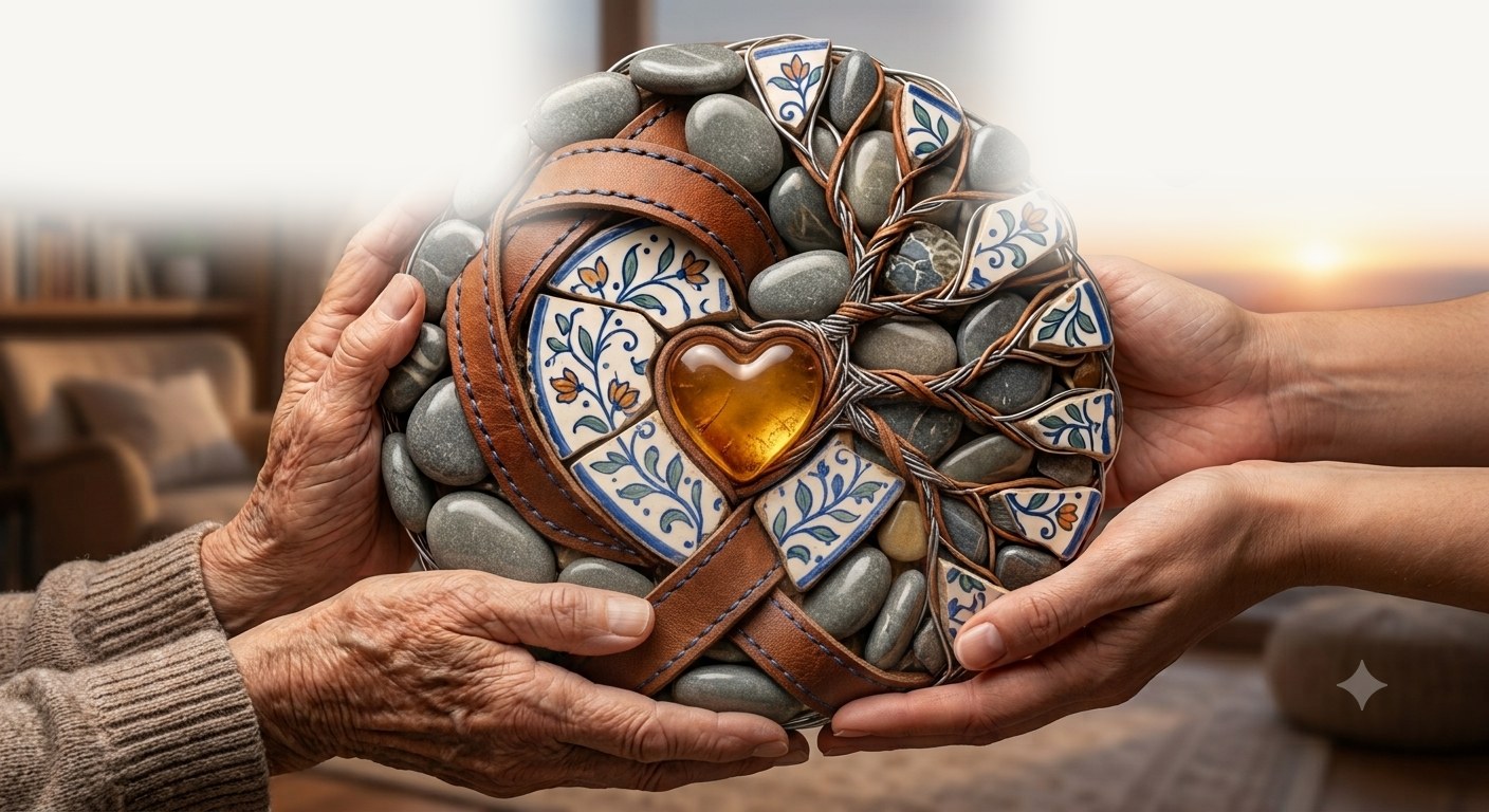 An older person's hands and a caregiver's hands together holding a heart-shaped keepsake
